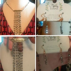 VELVET Feather Beaded Necklace & Matching Dangle Threader Earrings Bohemian Set